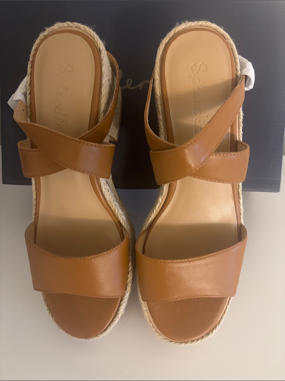 Splendid Cognac Leather Espadrille Platform Wedge Sandals